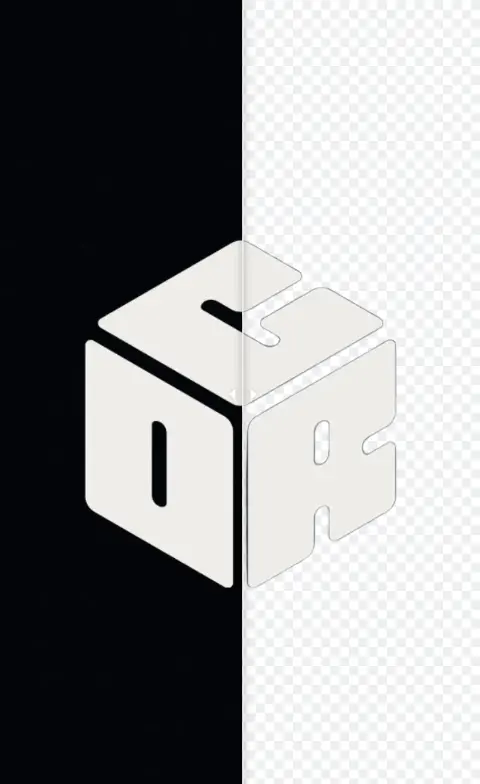 Light cube graphic before and after removal from a black background
