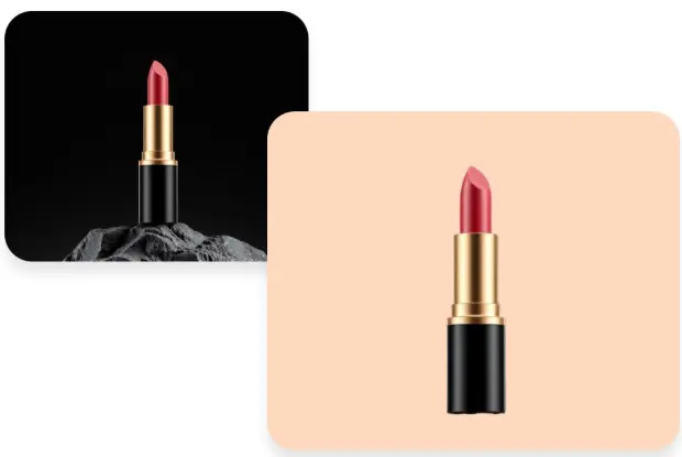 Lipstick shown on a black background and a warm colored replacement background