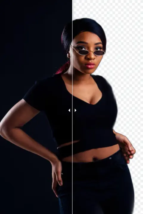Woman in black clothing shown before and after dark-background removal