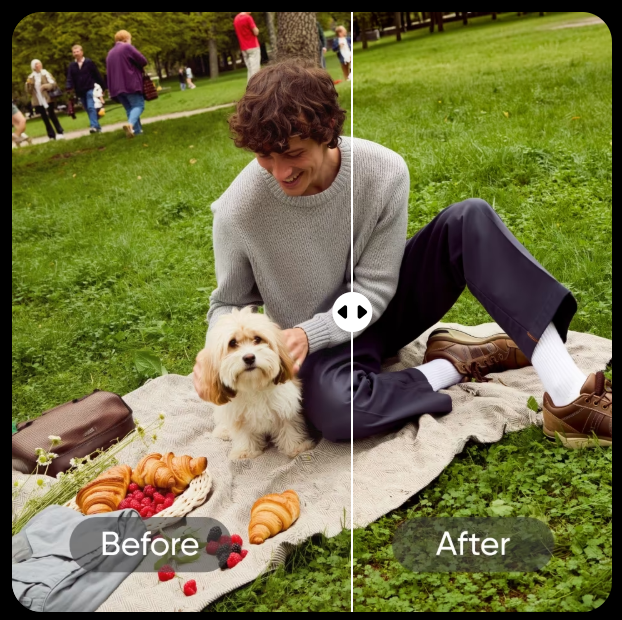Picnic photo before and after removing foreground clutter
