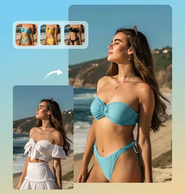Virtual beachwear concept generated on an authorized adult portrait