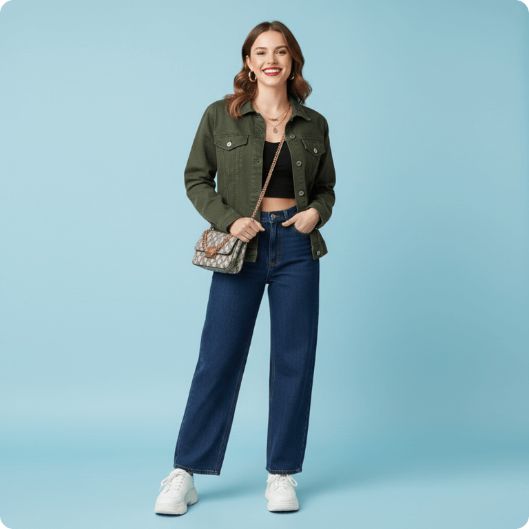 Virtual casual outfit concept generated on an authorized adult portrait