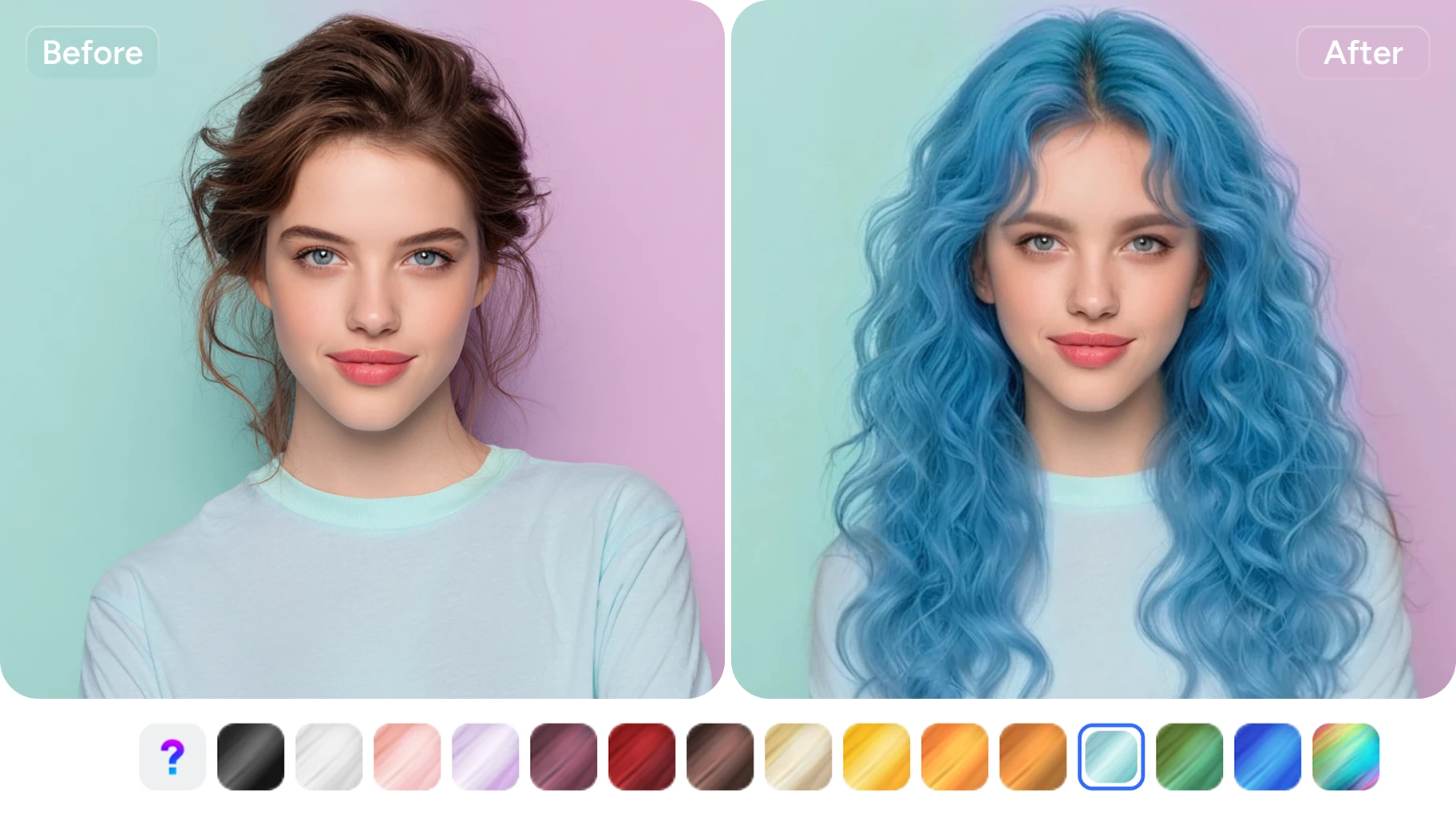 Portrait before and after a blue wavy hairstyle and color preview