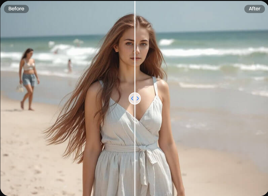 Seaside portrait before and after removing background people
