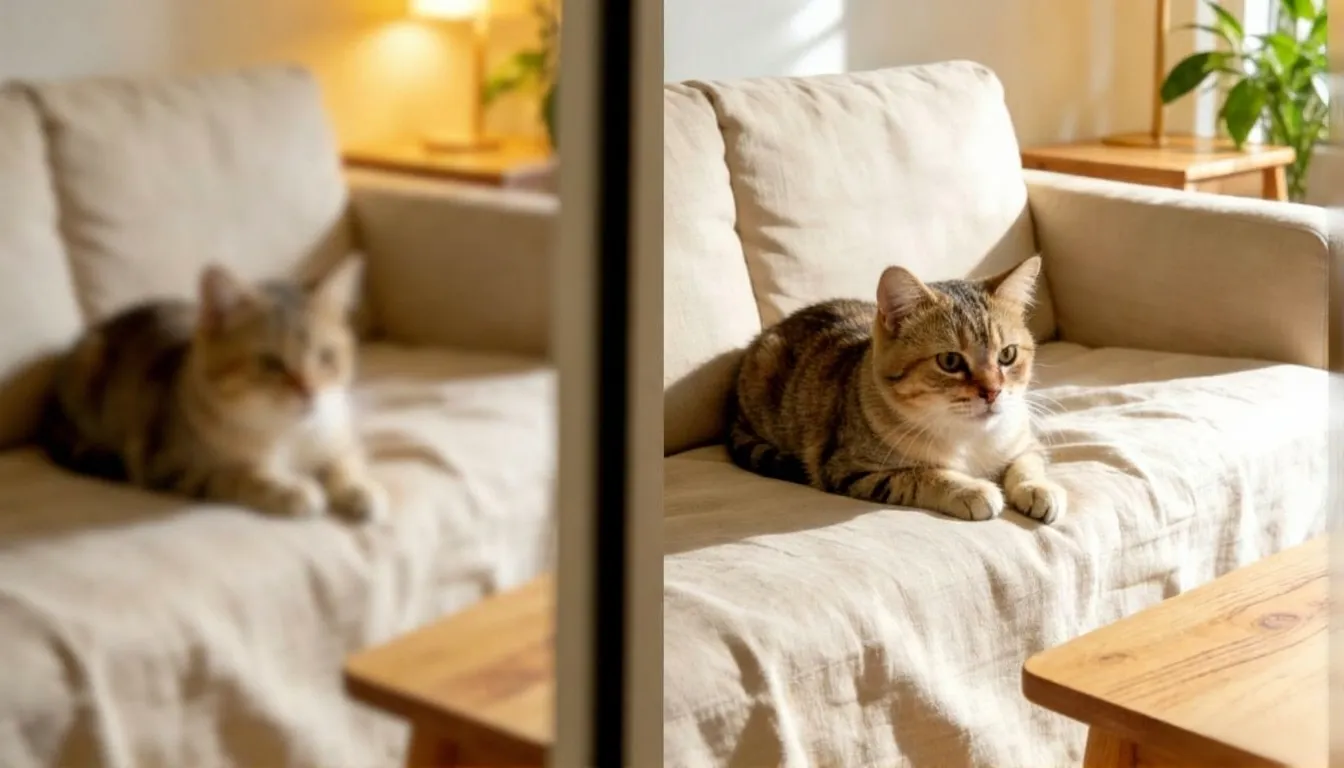 Cat photo detail reviewed before and after enhancement