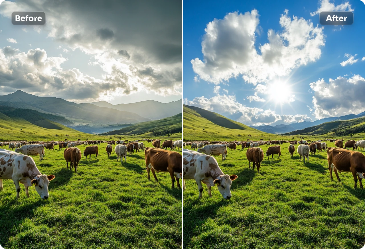 Landscape compared before and after a brighter blue sky replacement