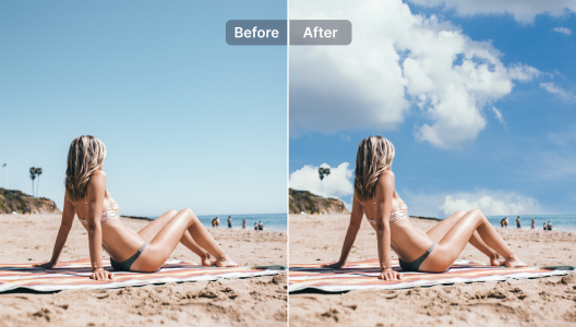 Outdoor portrait before and after cloud replacement