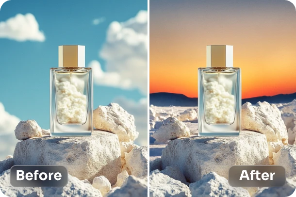 Perfume product before and after a sunset sky replacement