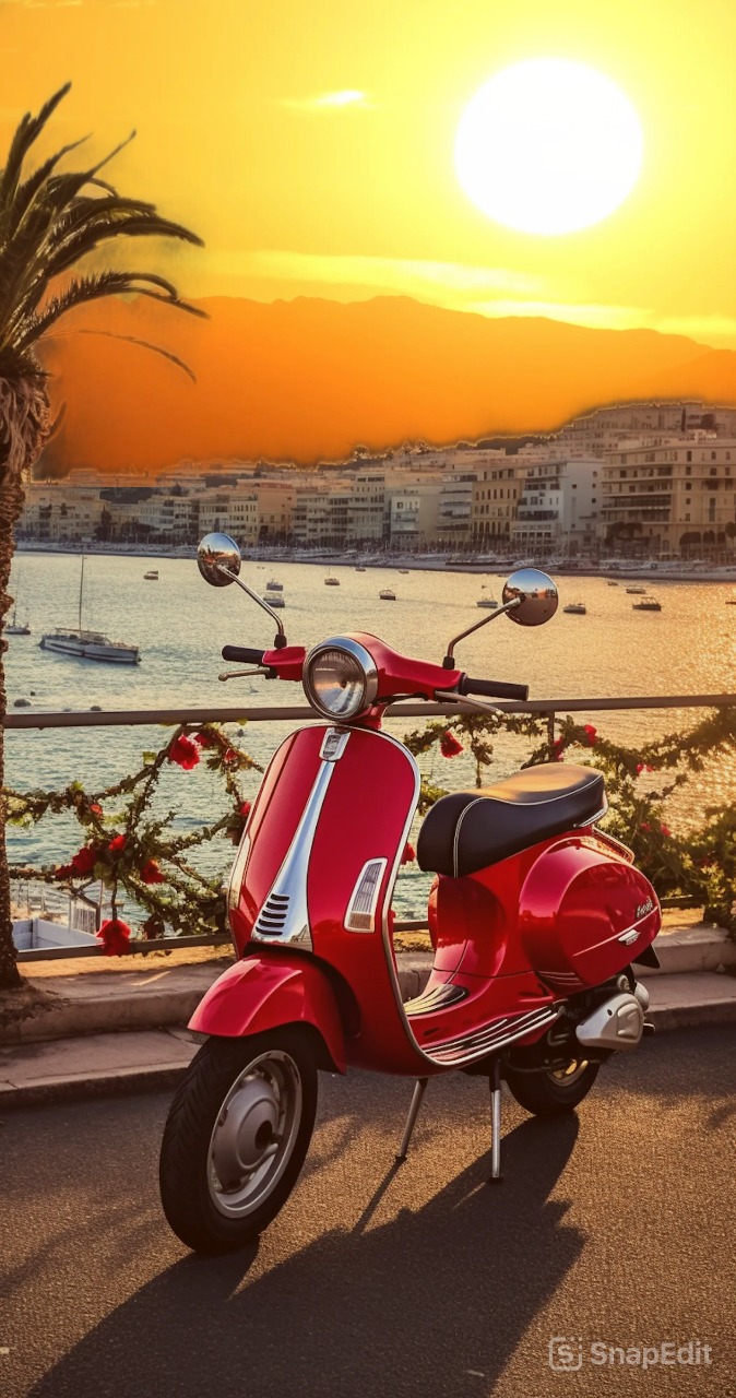 Scooter scene with bright golden generated sky
