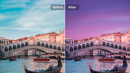 Venice scene before and after a purple twilight sky