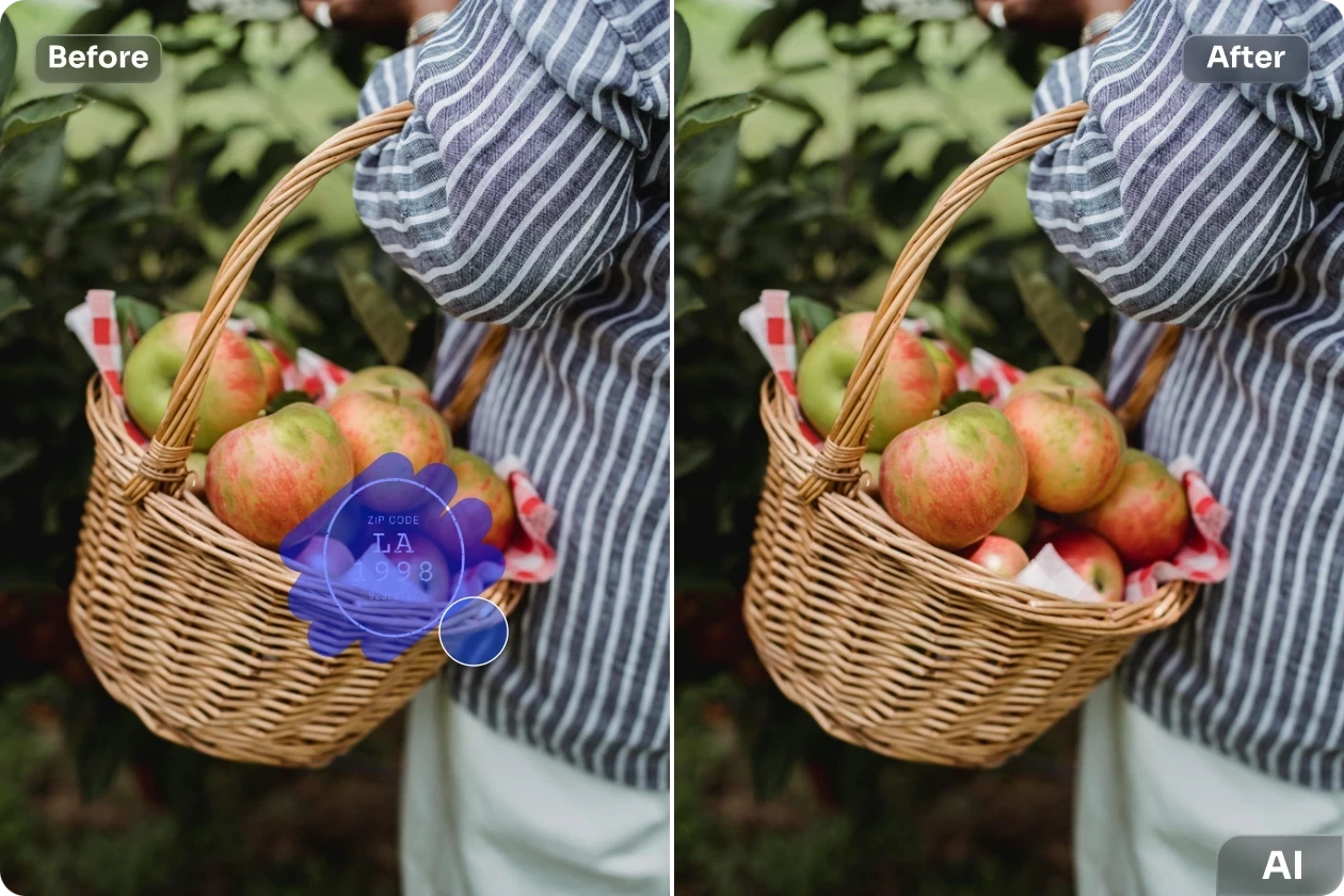 Authorized basket photo before and after removing a self-added date stamp
