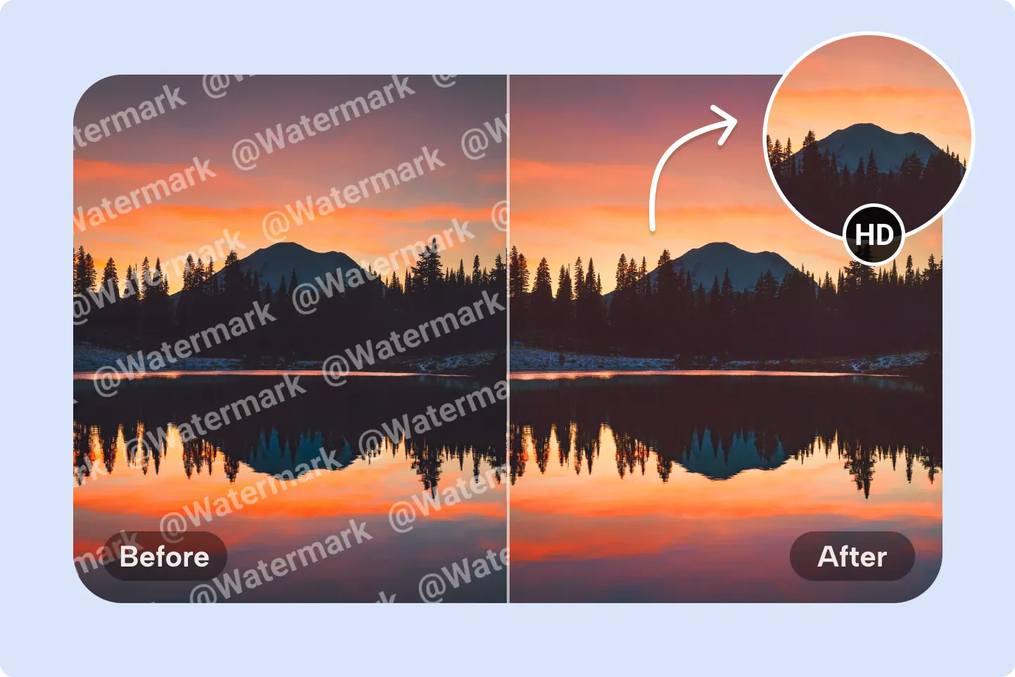Authorized landscape before and after tiled watermark removal requiring close review